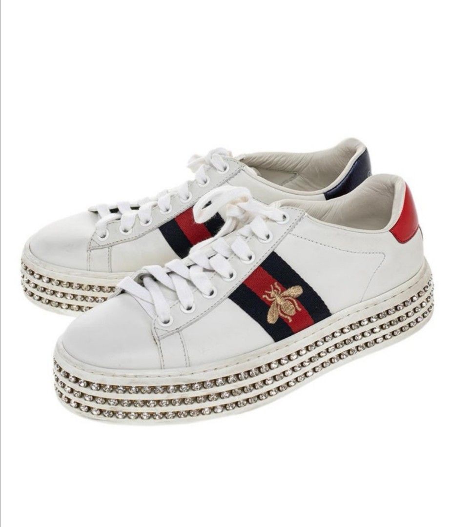 White Canvas And Leather Ace Crystal Embellished Trainers