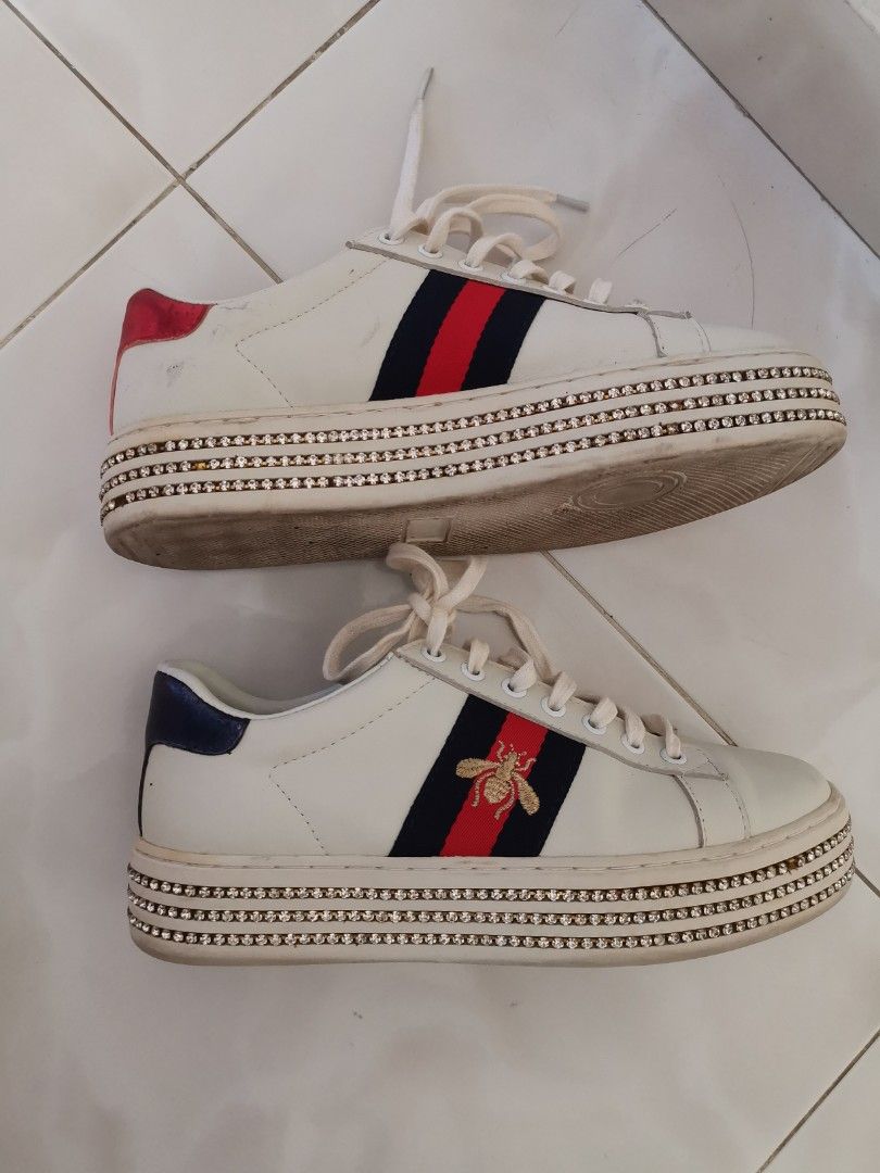 White Canvas And Leather Ace Crystal Embellished Trainers Women s