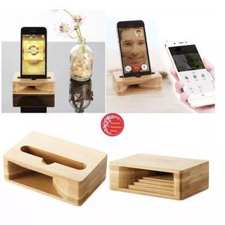 Wooden mobile phone stand with sound amplifier