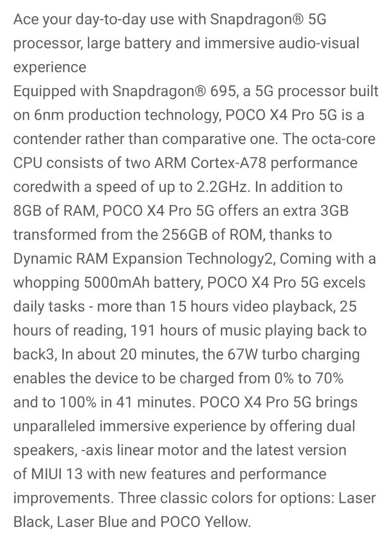 Xiaomi POCO X4 Pro Yellow 5G (Category: Xiaomi) located in Cainta. Submitted by ktrendsfashionboutique (Listing ID 1246018966, Image 3). Description: RFS: Hindi naman nagagamit. I planned to use this phone for backup pero hindi ko na ginamit. Used once nung dumating Para matesting lang pero hindi nman nagamit. No issues. No scratch. makinis na makinis. With Box pa. Bought last December 2022 lang. Color Yellow 8GB RAM 256 ROM Qualcomm SM6375 SNAPD