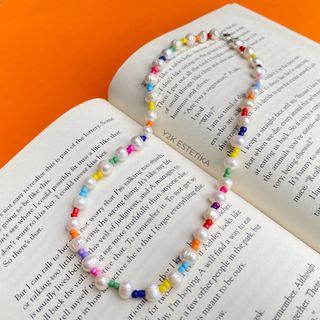Y2K Rainbow Beads with Authentic Freshwater Pearl Necklace for Men & Women