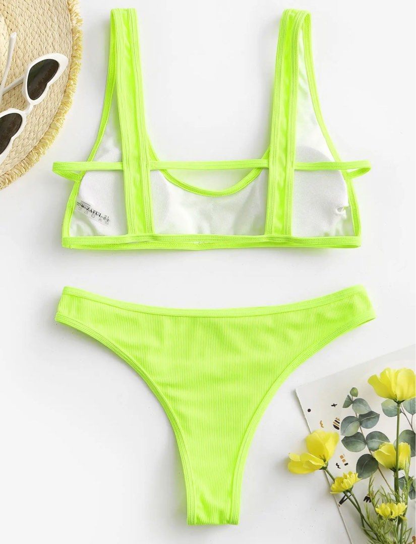 ZAFUL Neon Ribbed Back Cutout Cheeky Bikini Swimwear - Green on Carousell