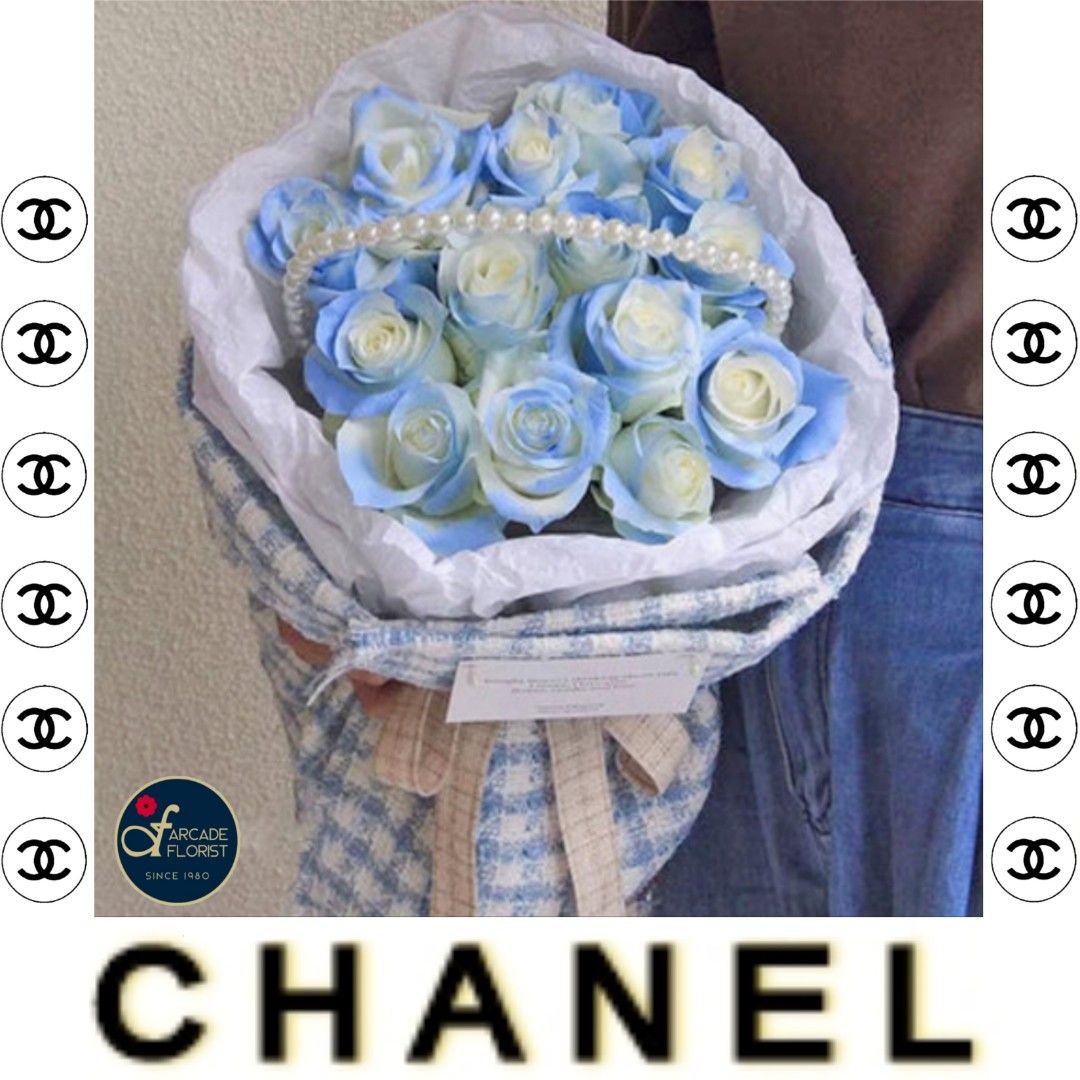 💞20 Stalks Fresh-Cut Roses🌹with a CHANEL design fabric wrapper +  Pearl Chain (
