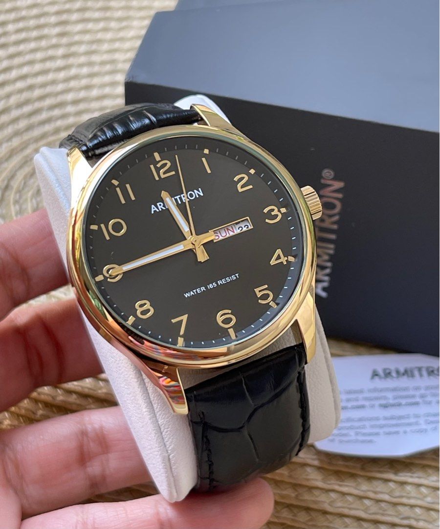 Armitron US Black Leather Luminous Hand Day Date Function