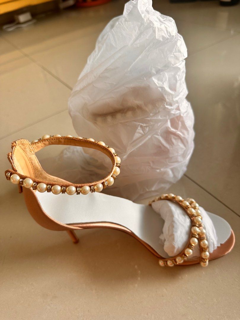 Badgley Mischka strappy satin heels with pearls