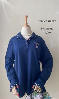Baju golf wanita cewek biru navy sesame street lucu lengan panjang kerah polo motif love bordir elmo hijaber preloved murah unik bigsize jumbo plus size oversized jepang blouse top korea