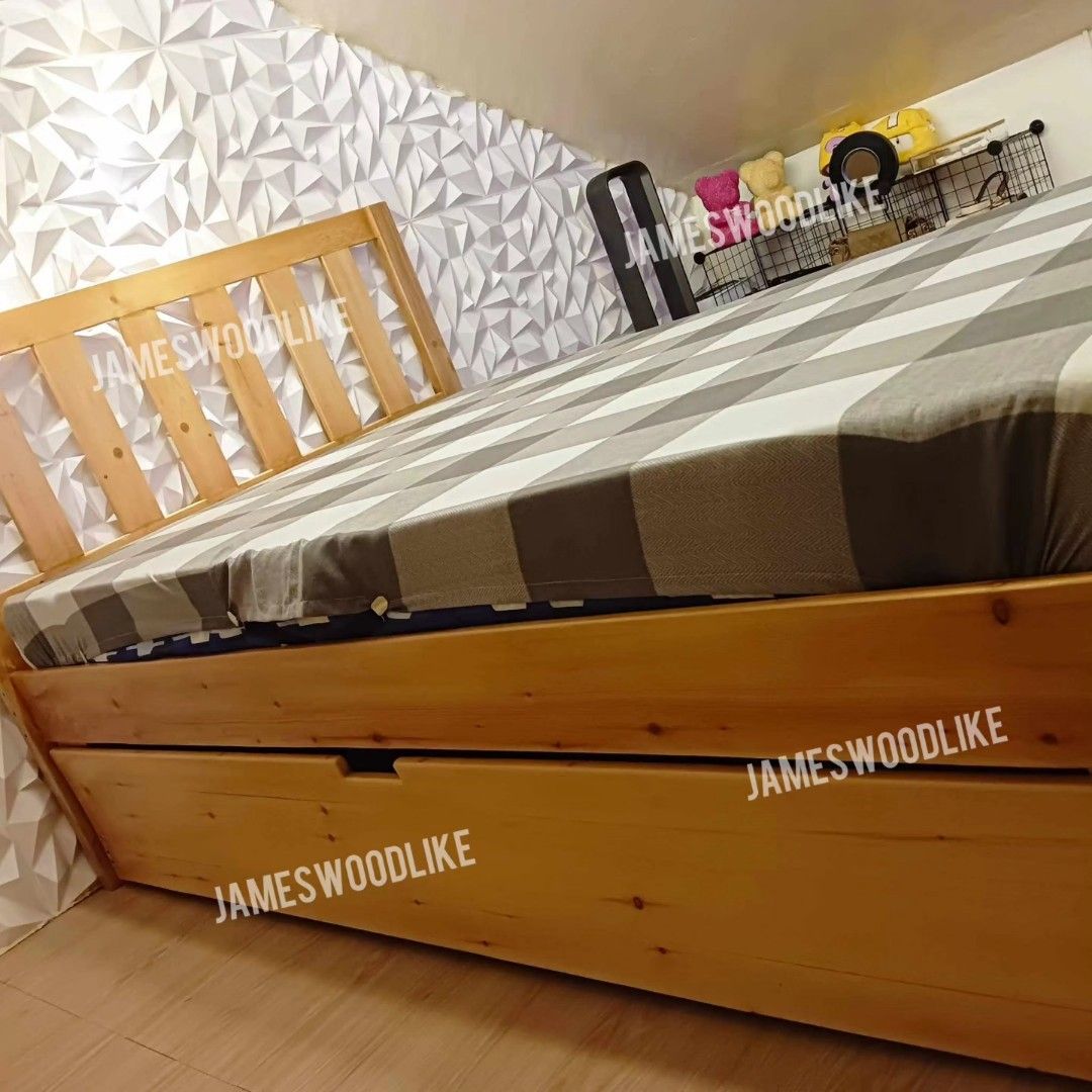 BEDFRAME WITH PULL OUT BED (Category: Bed Frames & Mattresses) located in General Trias. Submitted by jameswoodlike (Listing ID 1246231573, Image 1). Description: "Let a SMILE be your umbrella in this Rainy day" 🌧️🤗 Smile ka naman dyan beshie Koh! 🤸🤸🤸 Here's an AFFORDA-TIBAY bed na mapapa smile ka tlga! Kasi GOOD BUY na GOOD BUY ka dito! 😁 ‼️ MESSAGE US NOW‼️ ✅ BF17 Bed design ✅ Semi double 48x75 Bed for the main bed ✅ Semi double 48x75 Bed