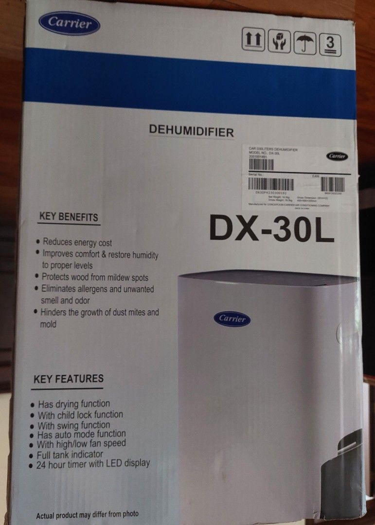 Carrier Dehumidifier DX30L used for 3 days only, TV & Home Appliances
