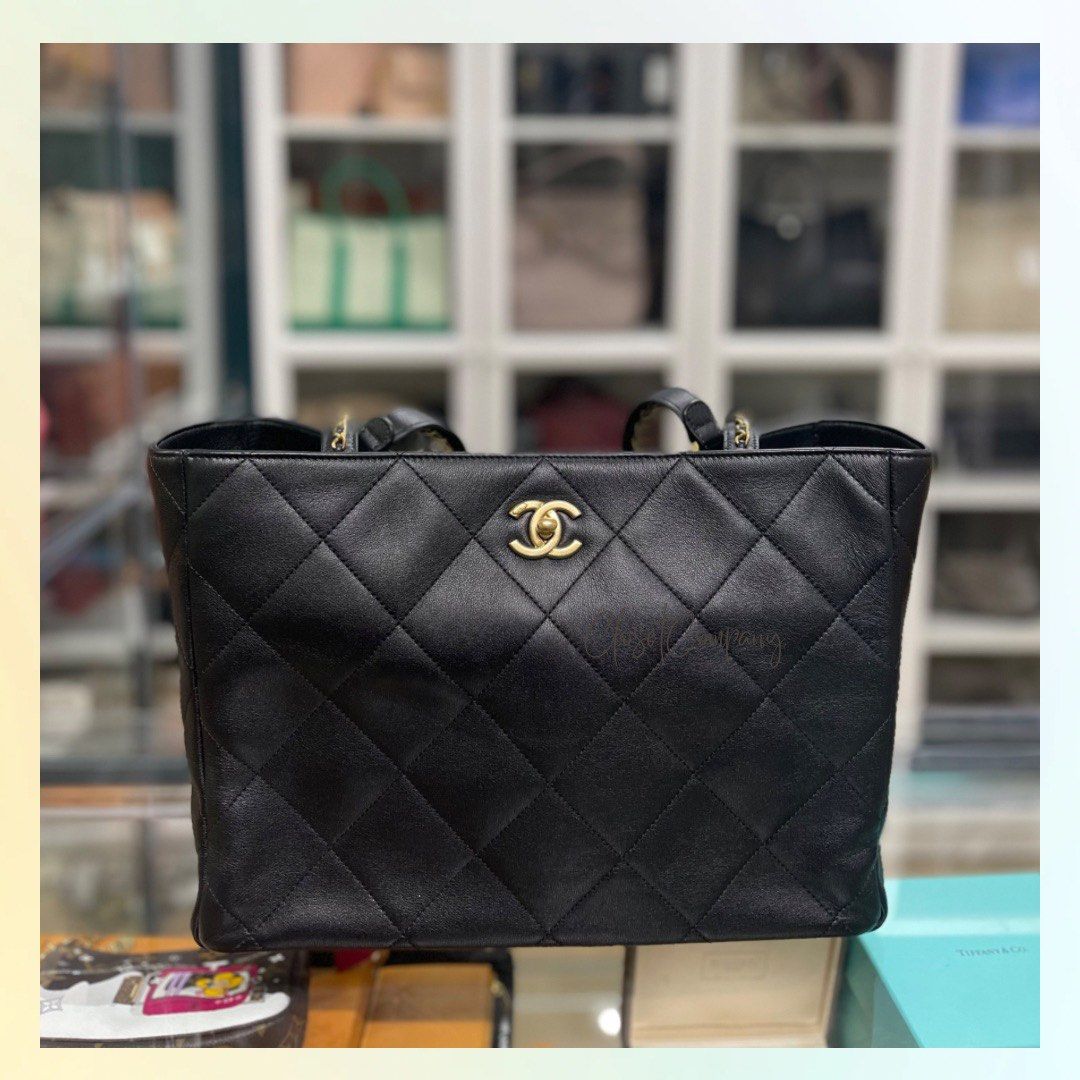 Chanel 22B Small Shopping Tote Bag in Black calfskin Leather and Aged Gold  Hardware (Microchip), Luxury, Bags & Wallets on Carousell