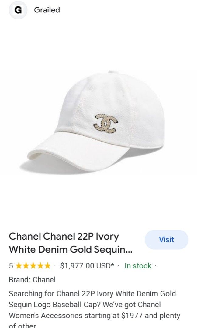 Chanel 22p ivory white denim gold sequin logo cap, Men's Fashion, Watches &  Accessories, Caps & Hats on Carousell
