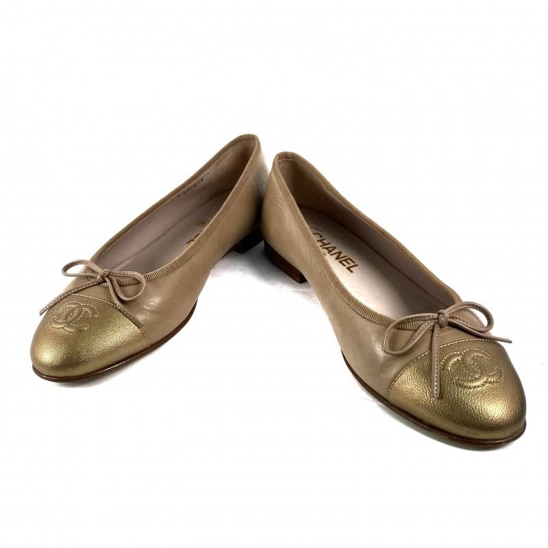 Chanel Beige Gold Calfskin Ballerina Classic Flat Shoes, Luxury