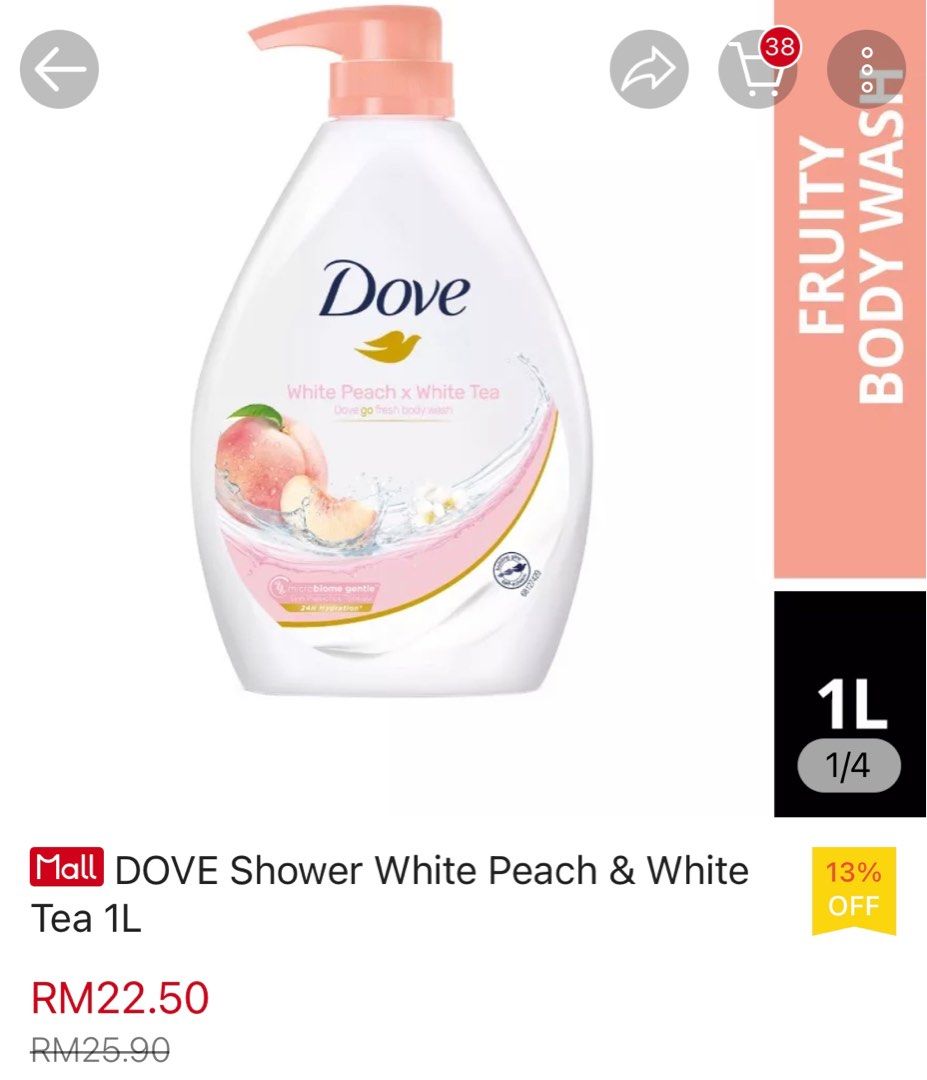 Dove shower cream 1L white peach & white tea body wash sabun badan body