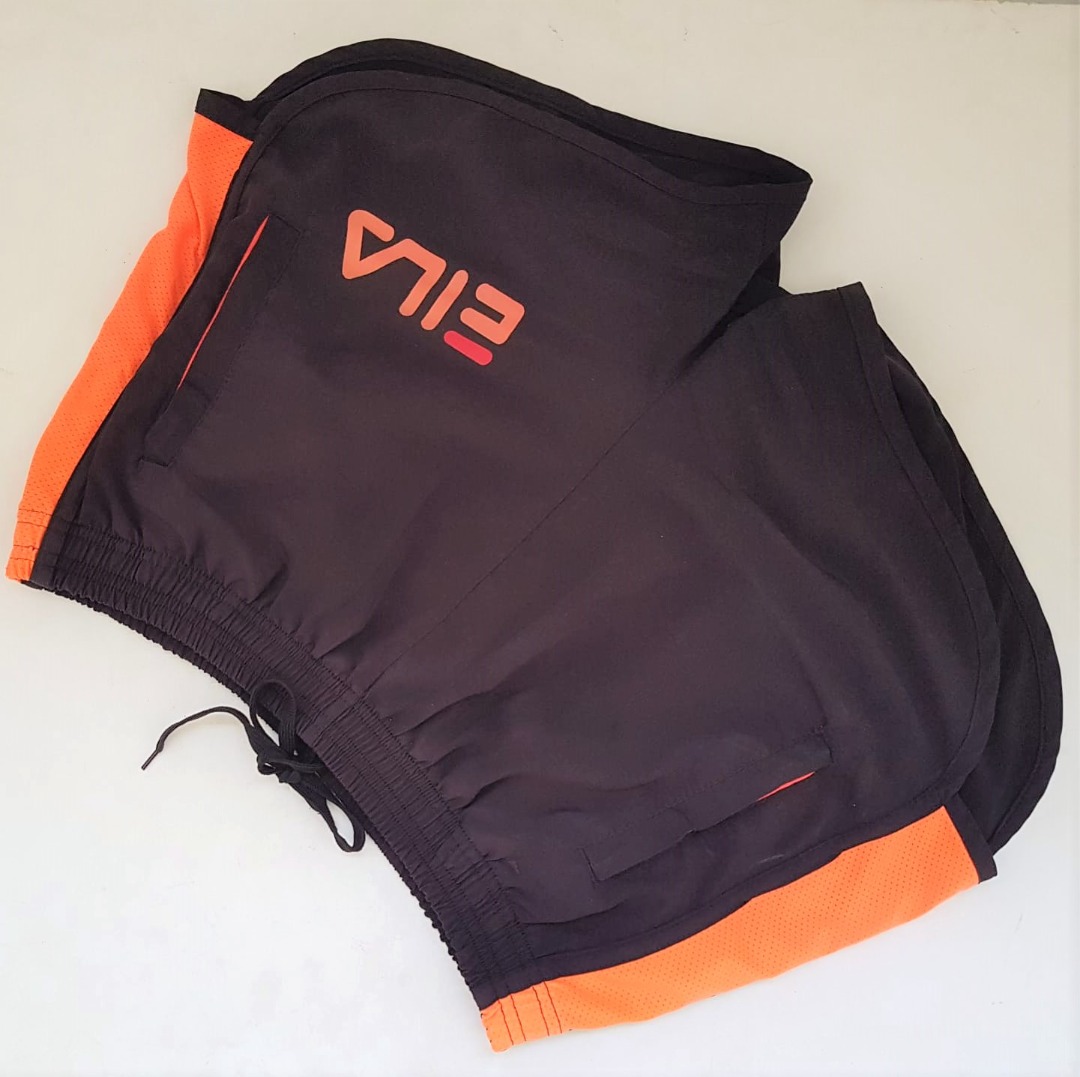 FILA Fashion Apparels USA Designer Running Shorts Size XL Stretchable Waistline Black with Orange Stripe Gym Exercise Workout Street Fashion Rugged Yuppie Lifestyle Y2K Pop Culture Outdoor Sports Men ...