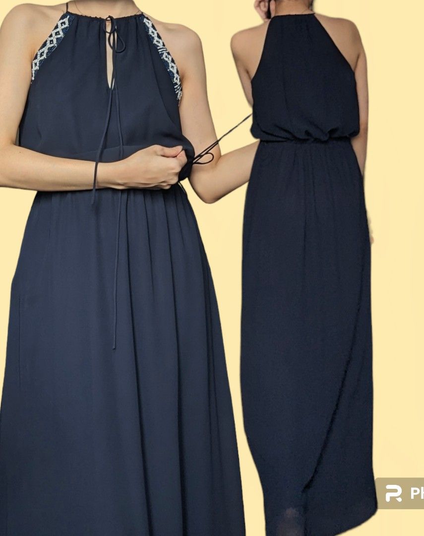 Midnight blue navy beaded keyhole halter gown maxi dress