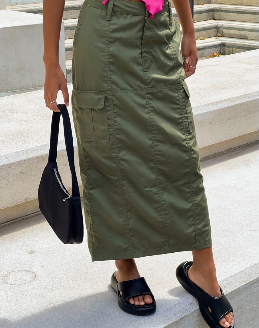 MOTEL ROCKS Cargo Maxi Skirt Green Olive, Fesyen Wanita, Pakaian Wanita