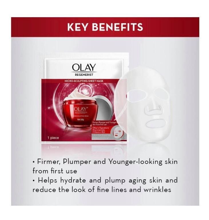 OLAY Regenerist Micro-Sculpting Sheet Mask (Category: Face Care) located in Manila. Submitted by dyoza2008 (Listing ID 1246357759, Image 3). Description: Olay Regenerist Micro-sculpting sheet mask gives you firmer, plumper and younger-looking skin from first use. It helps hydrate and plump aging skin and reduce the look of fine lines and wrinkles. The mask contains rich actives: 1 sheet contains 1/3rd amount of actives in an Olay Regenerist Jar (