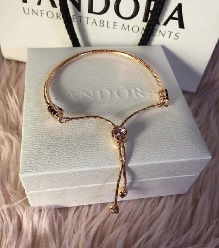 Pandora moments pink peach blossom flower sales snake chain slider bracelet