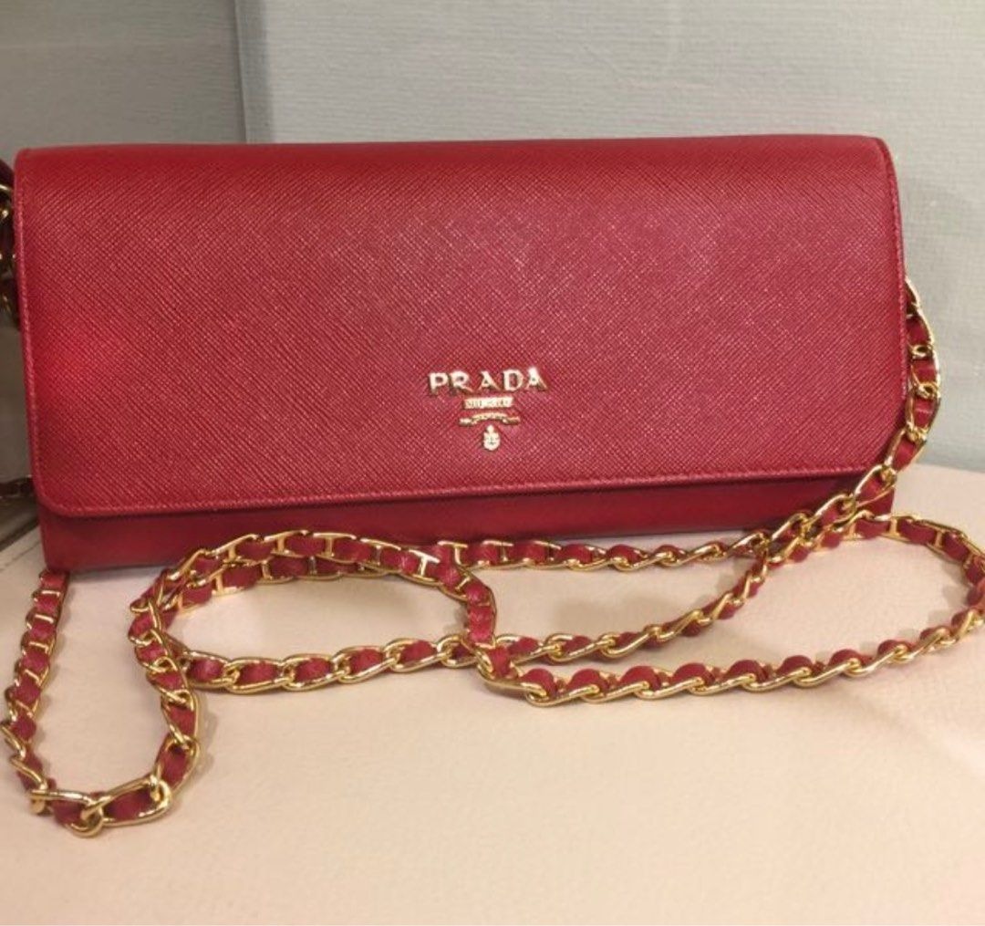 Prada Saffiano Pink Leather Wallet On Chain 1M1290 W/Box &