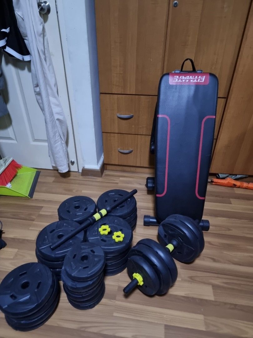 Selling 80 kg+ Weights and Bench, Sports Equipment, Exercise & Fitness