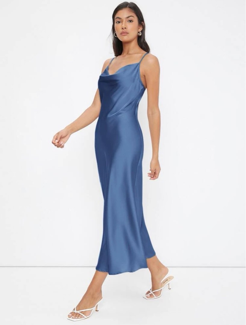 Shein Dusty Blue Cowl Neck Satin Dress on Carousell