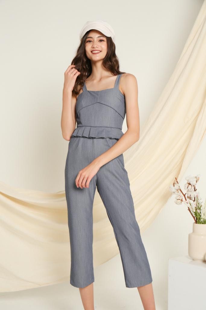 The Stage Walk Scarlett Peplum Pleated Jumpsuit in Blue Size M
