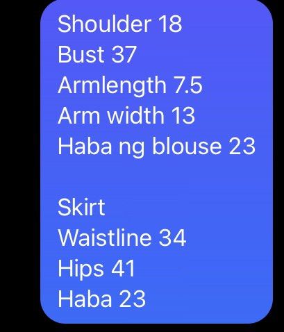 UST-FMS 1st/2nd year uniform Type A (Category: Blouses) located in Quezon City. Submitted by moirararawr (Listing ID 1246291423, Image 3). Description: ‼️ ₱500/set (last price). 1 set available. ‼️ 🔹Blouse measurement (in inches) -Shoulder 18” -Bust 37” -Armlength 7.5” -Arm width 13” -Haba ng blouse 23” 🔹Skirt measurement (in inches) -Waistline 34” -Hips 41” -Haba 23” 💸MOP: BDO bank transfer or Gcash.