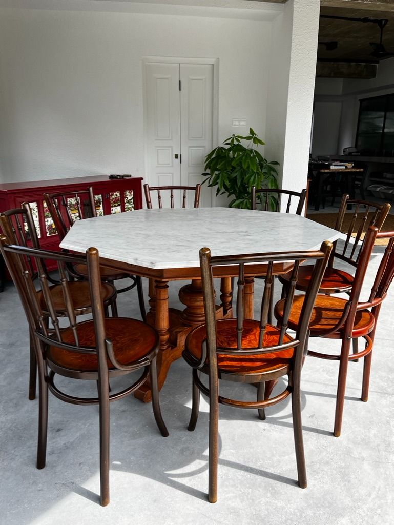 Vintage marble top, octagonal dining table with kopitiam chairs