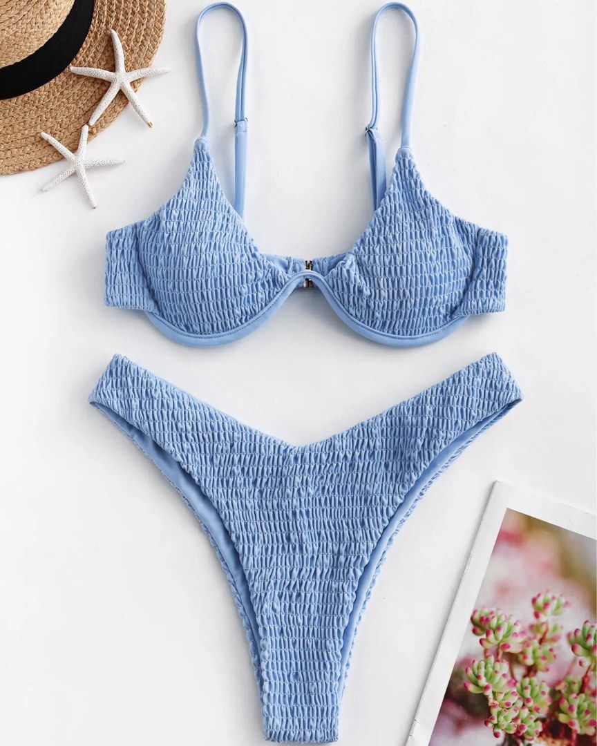 Zaful striped smocked bandeau bikini set top