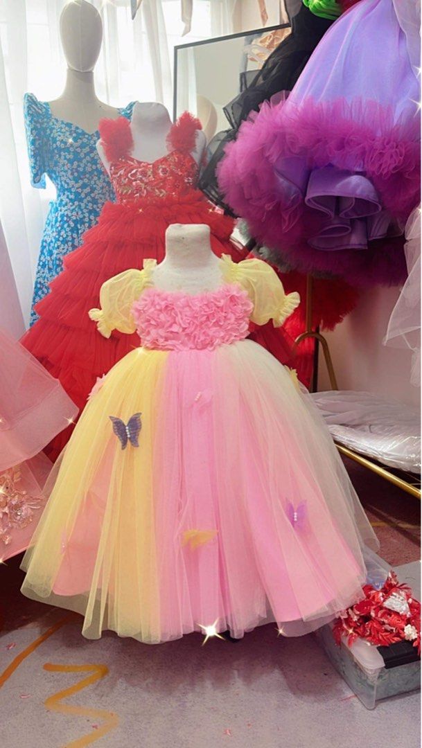 1st Birthday Gown Dress Linen Fabric Butterfly with built in