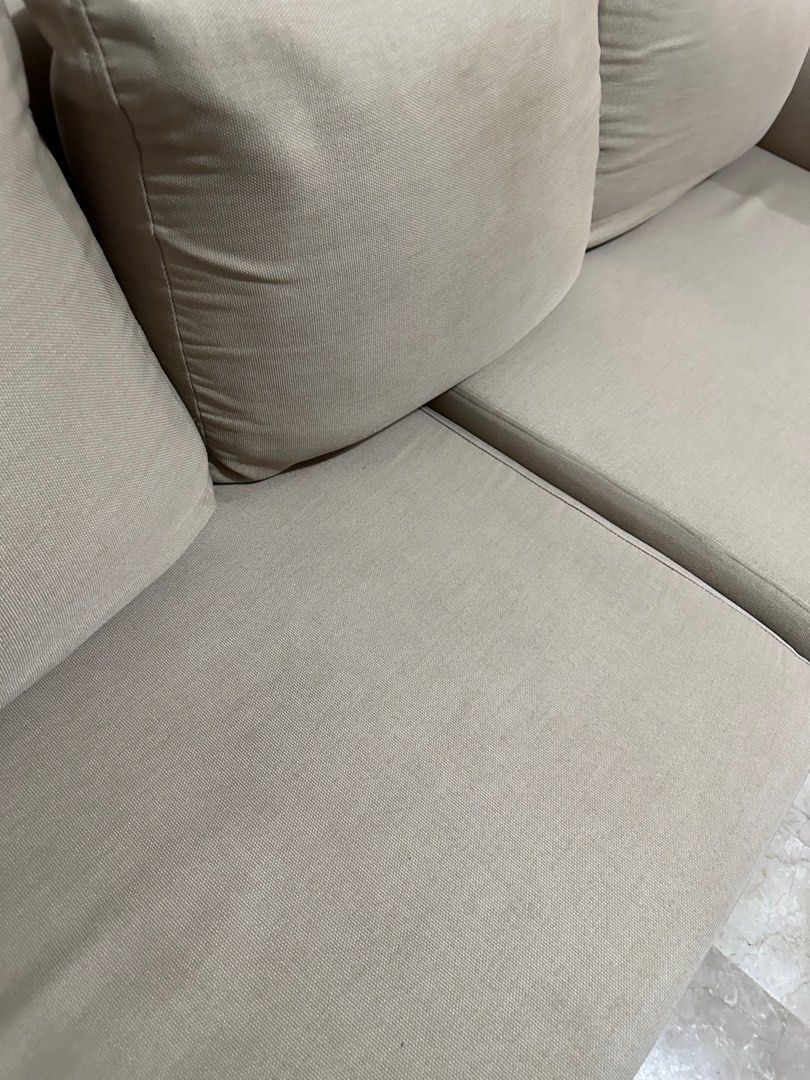3 Seater Sofa (Category: Sofas) located in Mandaluyong City. Submitted by shoptherapy06 (Listing ID 1241111085, Image 3). Description: Selling my 2 year old sofa Beige in color Deep cleaned every 6mos Sturdy, no issues in foam(uratex) Bought 18,000.