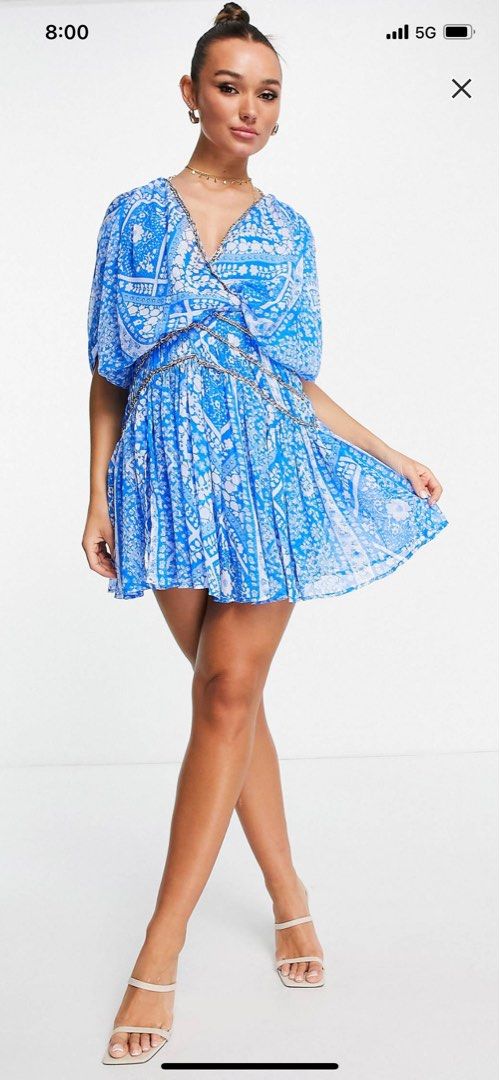 asos design blouson dress with chain strapping ASOS DESIGN Blouson Mini Dress With Chain Strapping Detail In Blue  Floral-Multi for Women