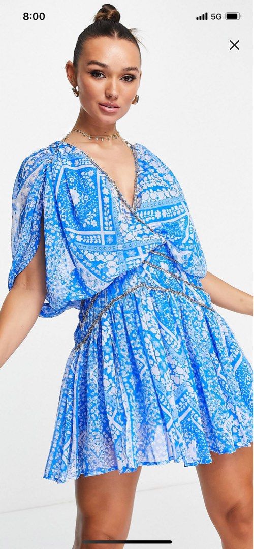 princess polly baby blue dress ASOS DESIGN Fallen Shoulder Midi Pencil Dress with Tie Detail in Blue  Floral — UFO No More main image 0