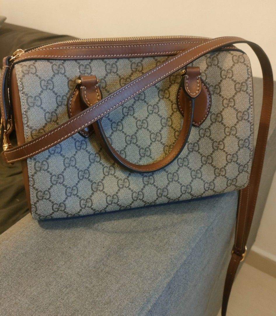 Vintage Gucci GG Supreme Canvas and Brown Leather Mini Boston Bag