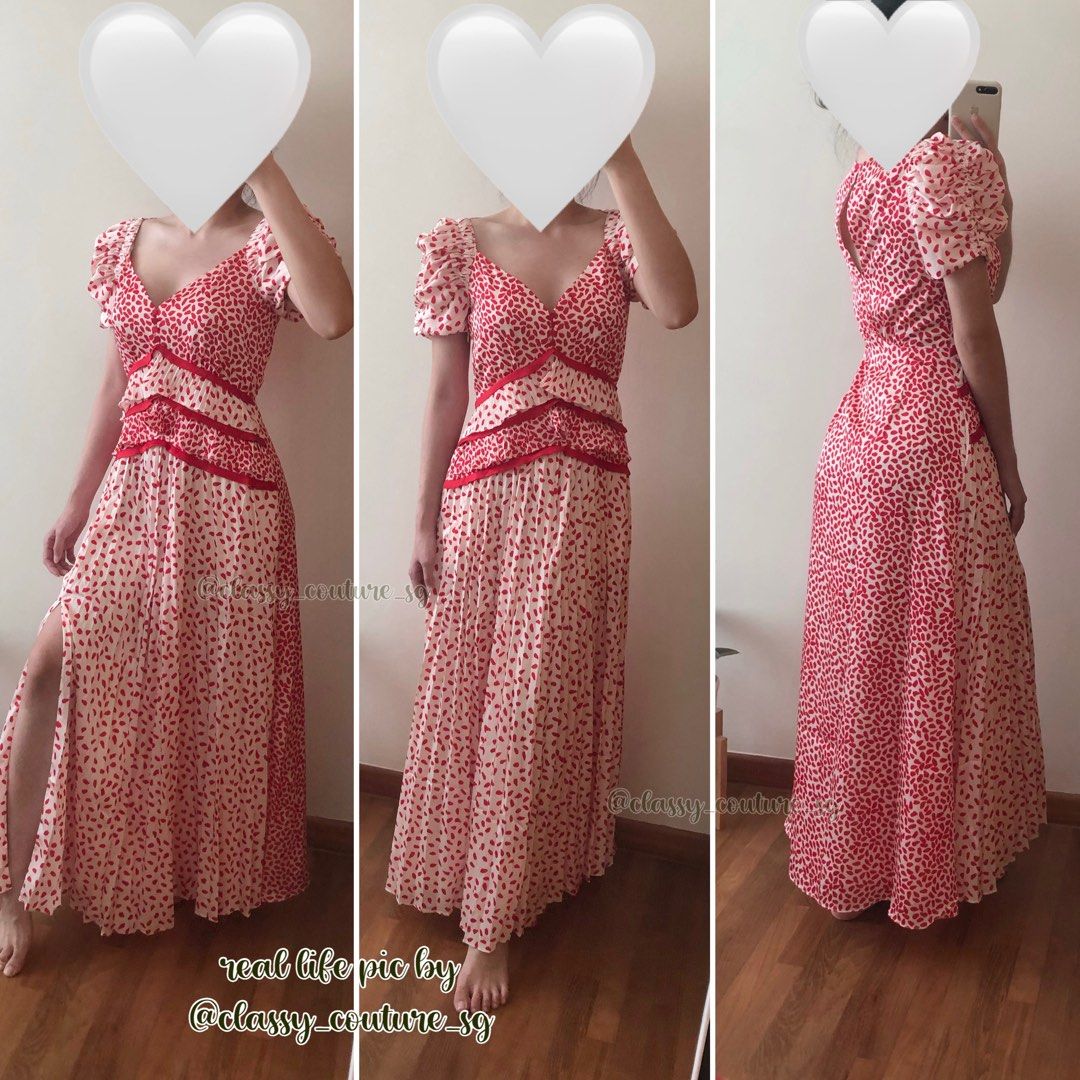 Self portrait cream and red dot satin printed dress hot sale