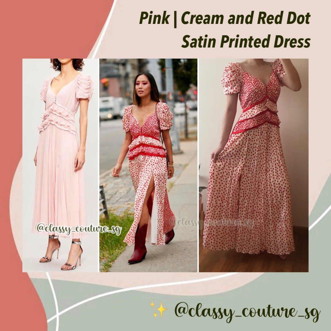 Self portrait cream and shop red dot satin printed dress