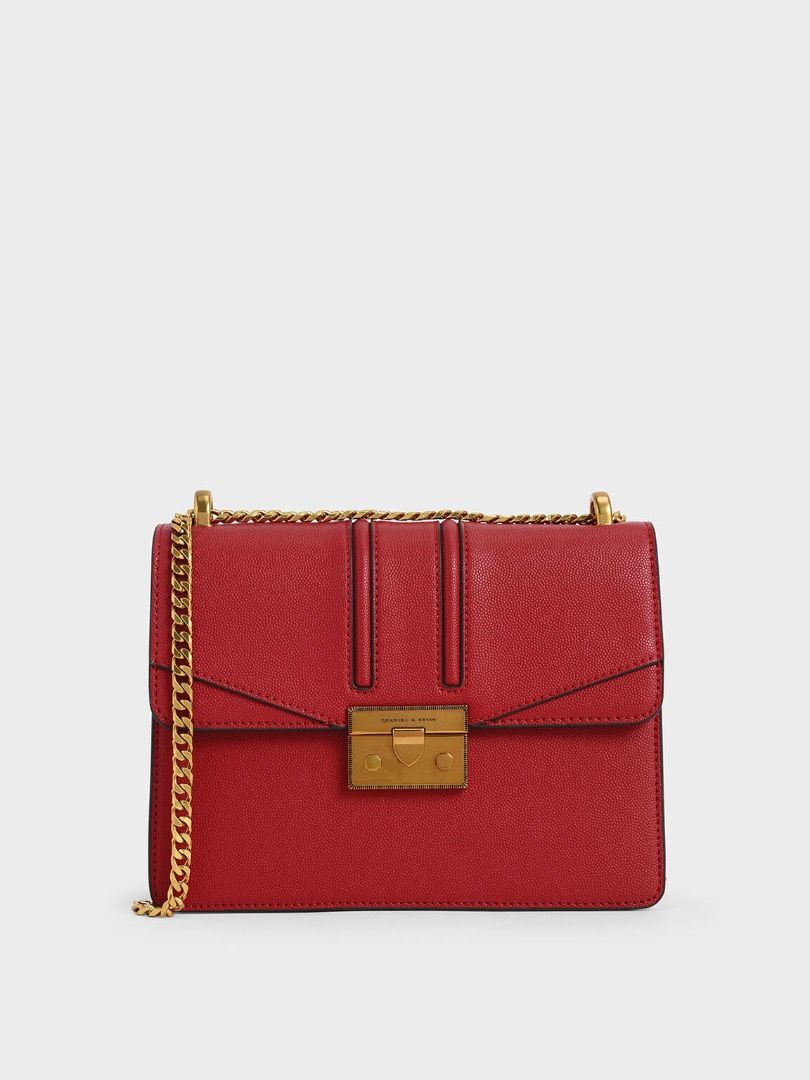 Charles Keith Red Metallic Push Lock Shoulder Bag Luxury Bags