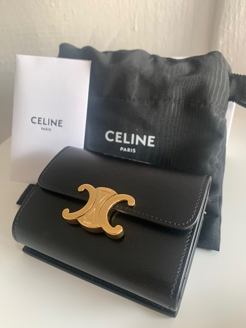 CELINE COMPACT WALLET WITH COIN IN SHINY CALFSKIN BLACK