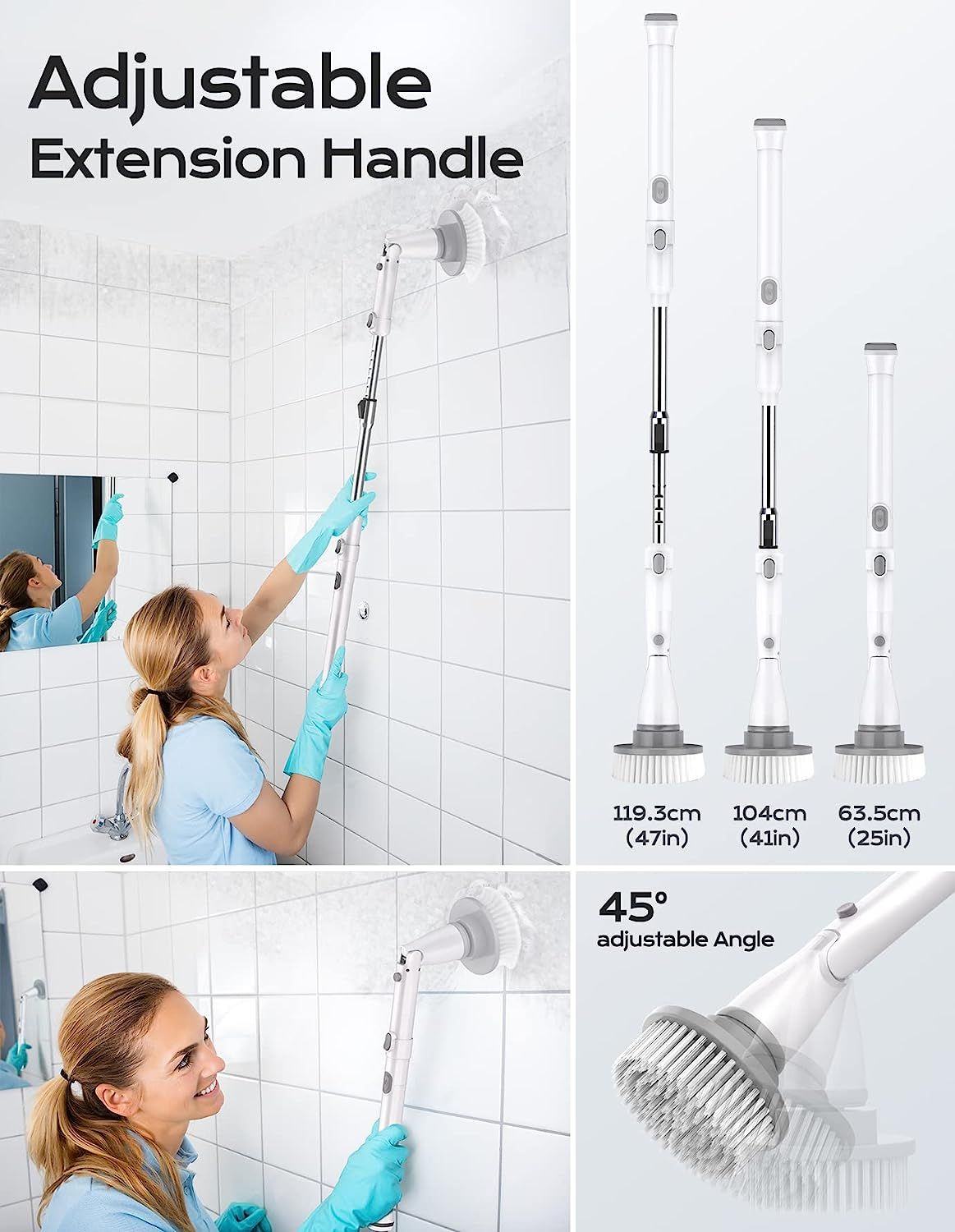 Electric Spin Scrubber, Cordless Cleaning Brush with Adjustable Extension  Arm 4 Replaceable Cleaning Heads, Power Shower Scrubber for Bathroom, Tub