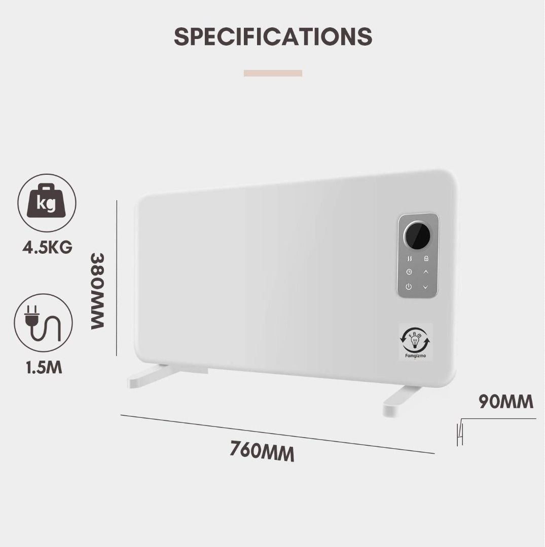 Famgizmo Ultra Slim 1500W Panel Heater 24 Hour 7 Day Timer Bathroom