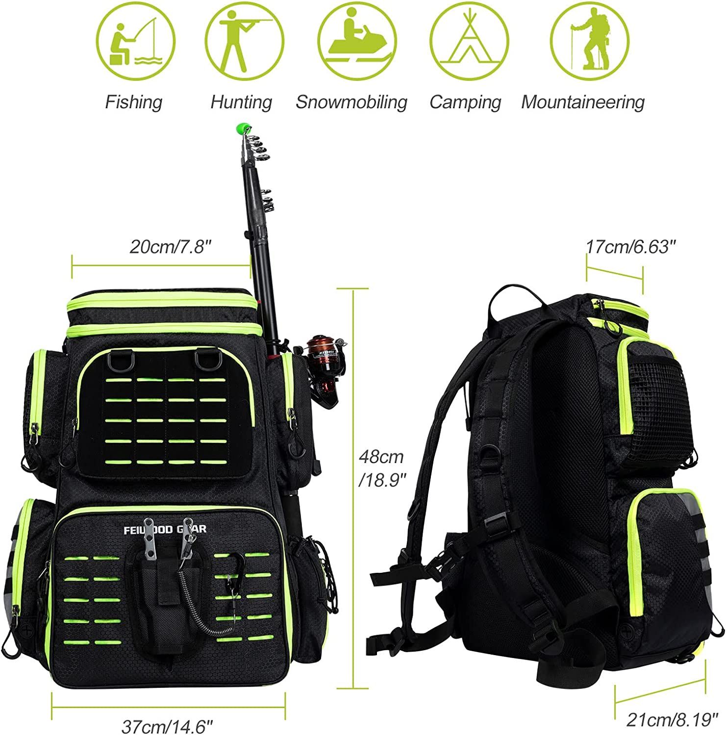 FEIWOOD GEAR Fishing Tackle Backpack with 4 Tackle Boxes,Large Storage -  Resistant Fishing Backpack with Rod Holder for Fishing, Camping, Hiking,  Outdoor Sports (Black), Sports Equipment, Fishing on Carousell
