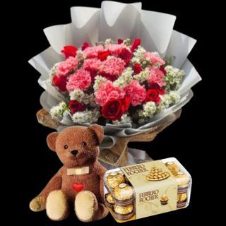 Gift For Her - Flowers For Birthday - Pink Carnation, Red Roses Bouquet
