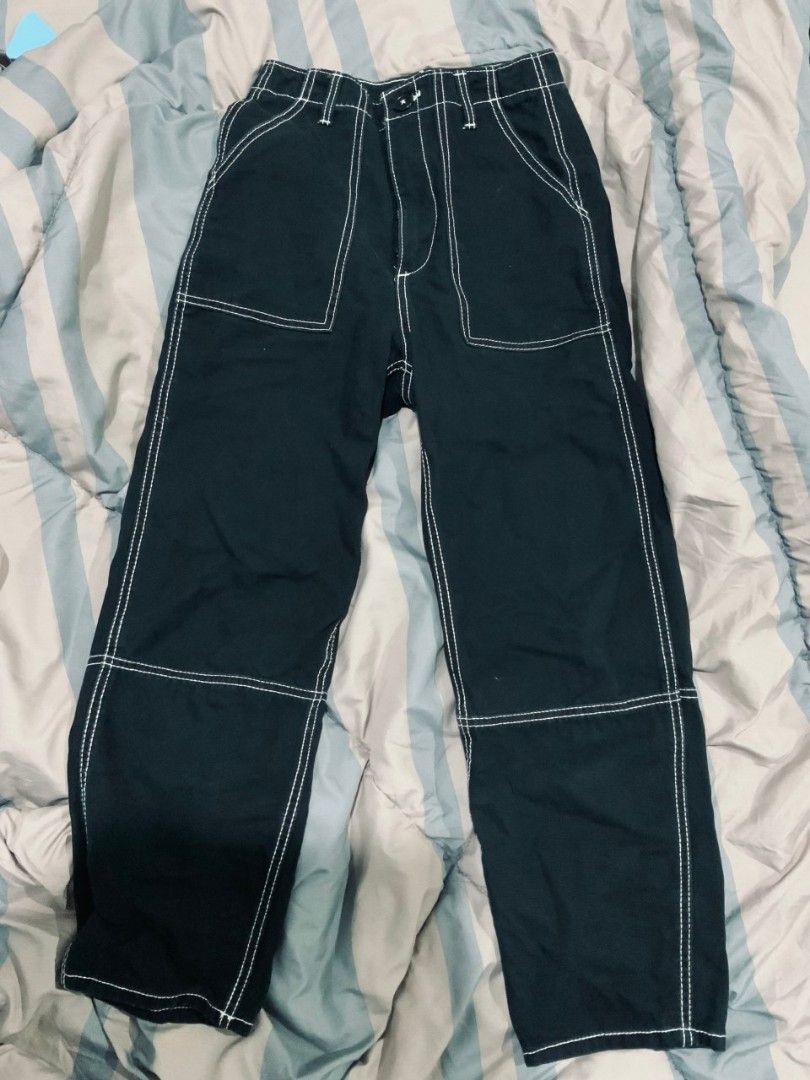 h m black cargo pants white stitching straight cut Women s