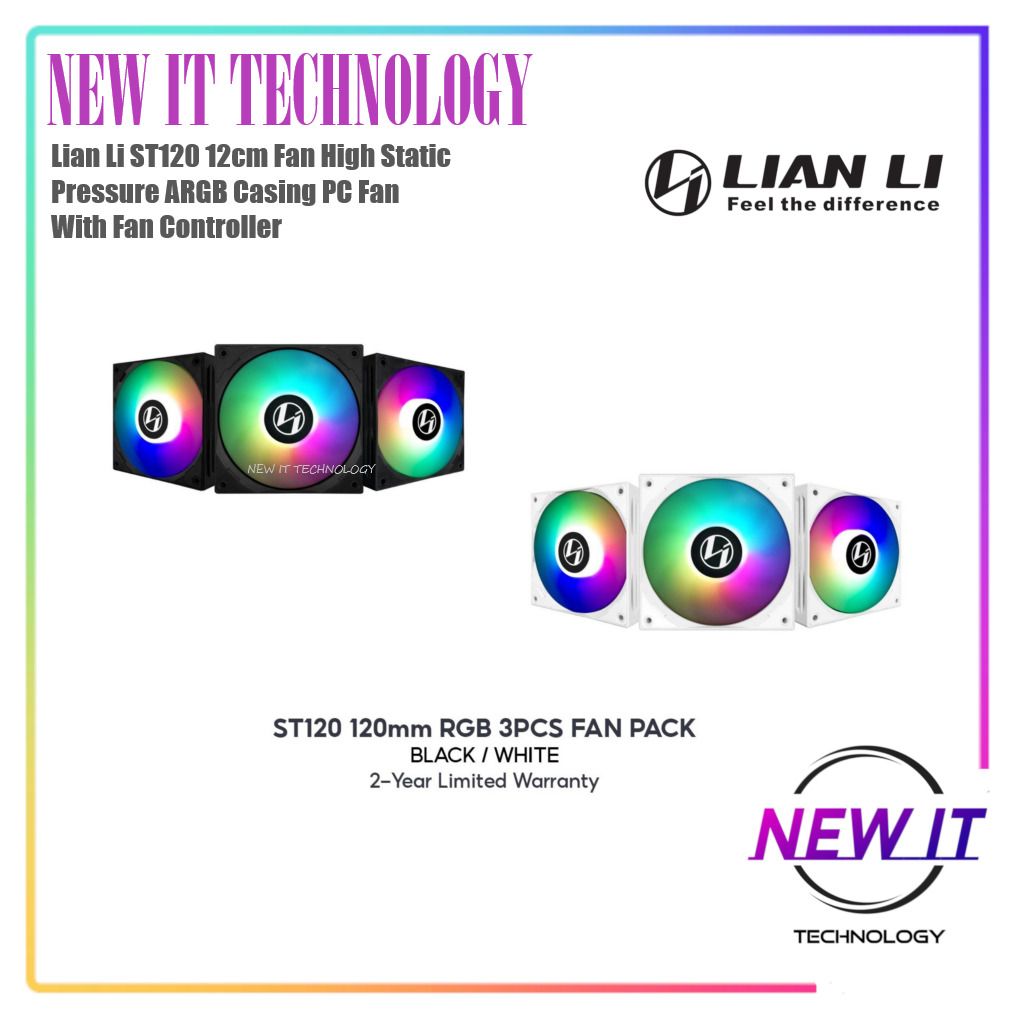 Lian Li ST120-3B ARGB 120mm PWM Fan (Black, 3-Pack with Controller)