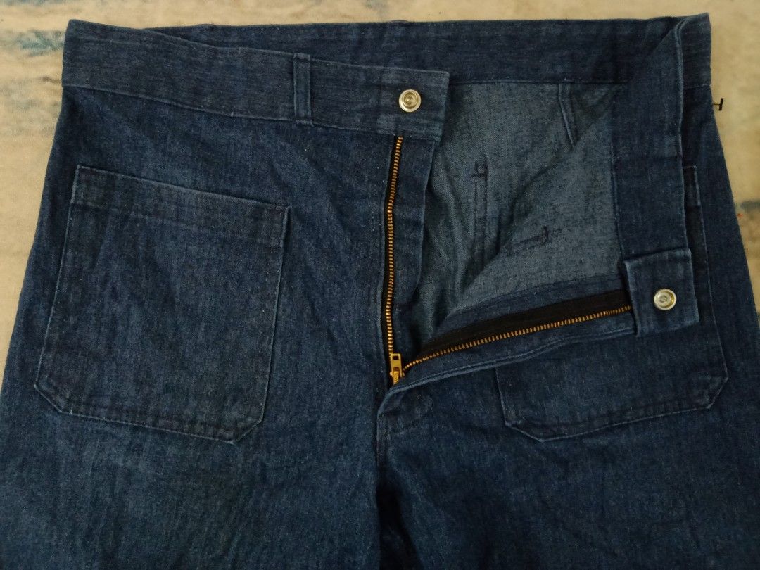 W34 SEAFARER DUNGAREES 70 s VINTAGE CLASSIC MILITARY US ARMY NAVY USN BOOTCUT FLARE BELL BOTTOM DENIM WORKWEAR WORKPANTS WORK CLOTHING UTILITY TROUSER