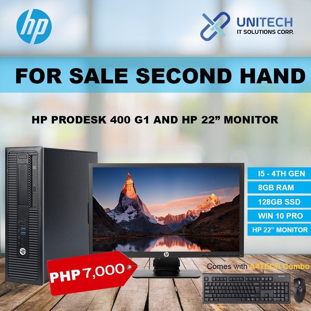 SECONDHAND DESKTOP PACKAGE (Category: Desktops) located in Manila. Submitted by crisantow (Listing ID 1241094838, Image 1). Description: 📌SECONDHAND PACKAGE DESKTOP ₱7,000 ONLY 𝗦𝗣𝗘𝗖𝗦: •HP PRODESK 400 G1 DESKTOP •Intel Core i5-4th gen •8GB RAM •128GB SSD •Windows 10 Pro •HP 22inch Monitor •A4tech Keyboard and Mouse ☑ 1 month warranty ☑ For Pick up or Cash on Delivery ☑MOP: Cash / G cash & Bank Transfer –––––––––––––––––––––––––––––––––––––––