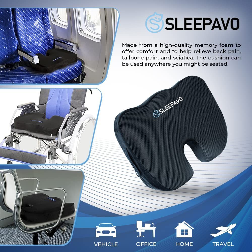 Sleepavo Black Memory Foam Seat Cushion for Office Chair Cooling