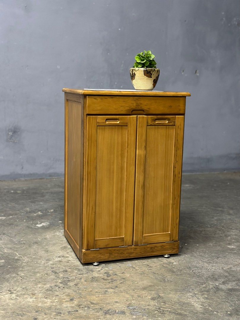 solid wood tile top kitchen trolley with tilt out waste separation