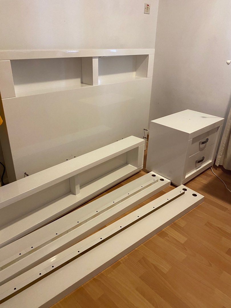 White Laminated Double Bed and Side Tables, Furniture & Home Living
