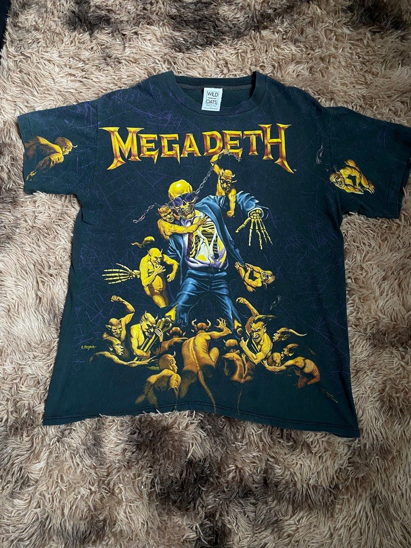 1991 Vintage Megadeth Vic Rattlehead Over Print T Shirt, Men's Fashion, Tops & Sets, Tshirts & Polo Shirts Carousell