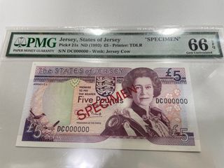[評級鈔] 樣鈔 🥉🇯🇪 澤西島 ND ( 1993 ) Jersey £5 PMG 66 EPQ Specimen 樣本鈔票 英女皇 英女王 外國紙